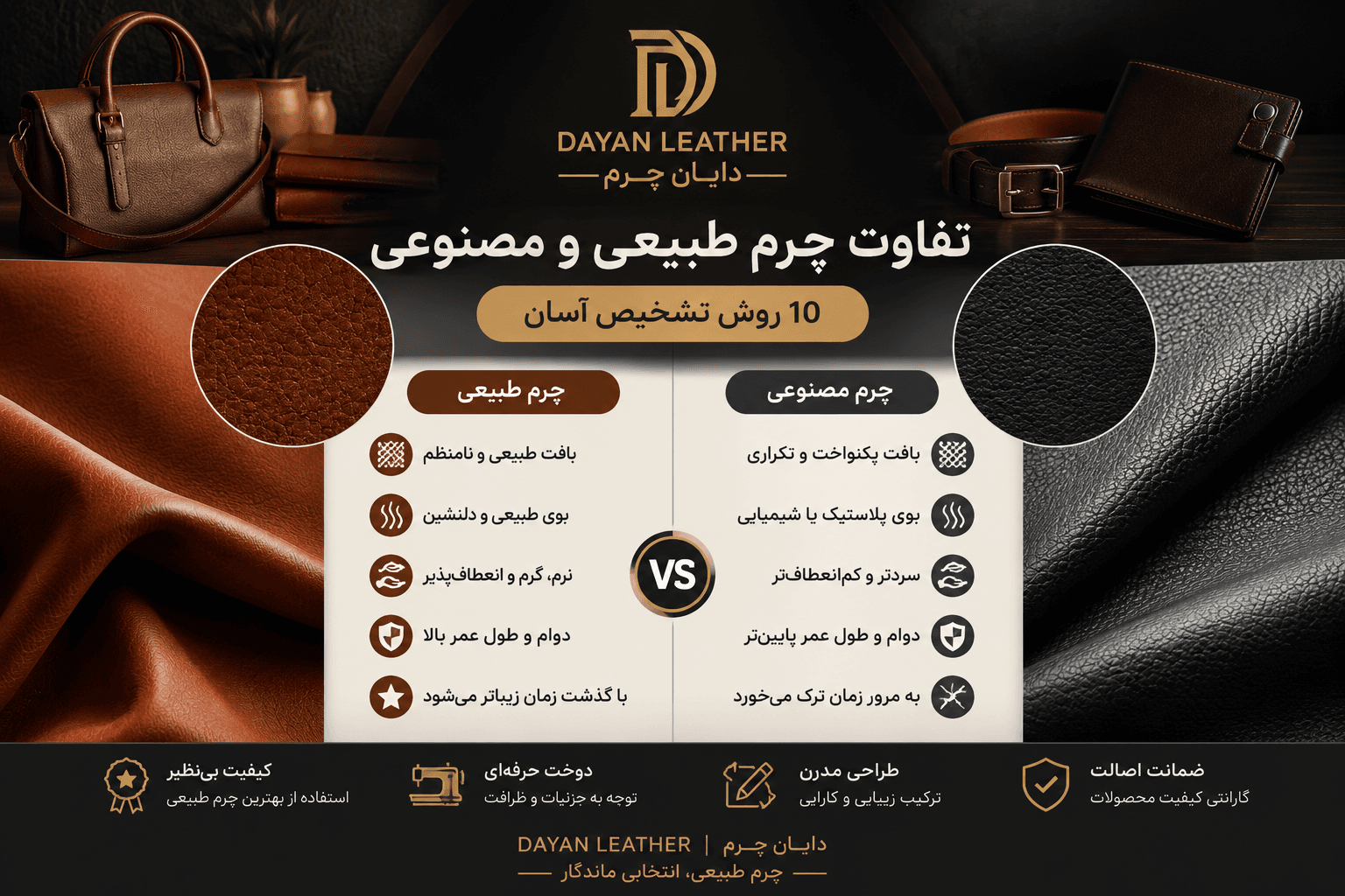 تفاوت چرم طبیعی و چرم مصنوعی؛ ۱۰ روش تشخیص آسان