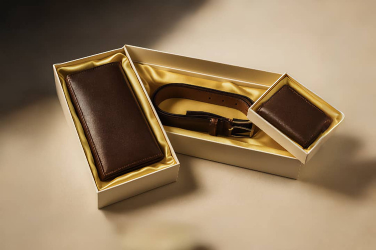 ست کادویی مردانه چرمی سه تکه شامل کیف پول جاکارتی و کمربند