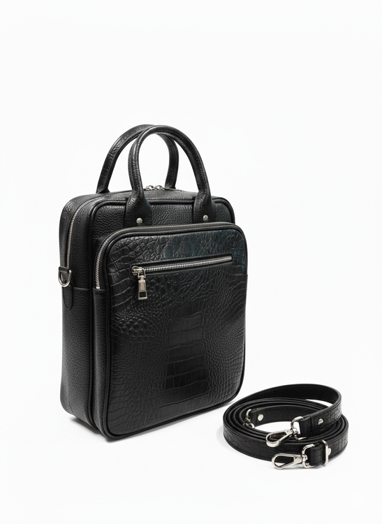 کیف دستی و دوشی چرم طبیعی مشکی مردانه با طرح کروکودیل و یراقآلات نقرهای در پسزمینه سفید