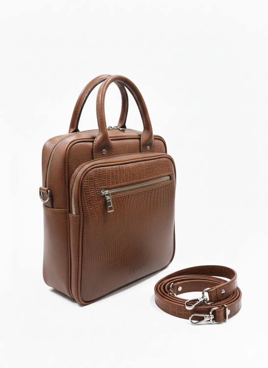 کیف دستی و دوشی چرم طبیعی عسلی مردانه با طرح فلوتر و یراقآلات نقرهای در پسزمینه سفید