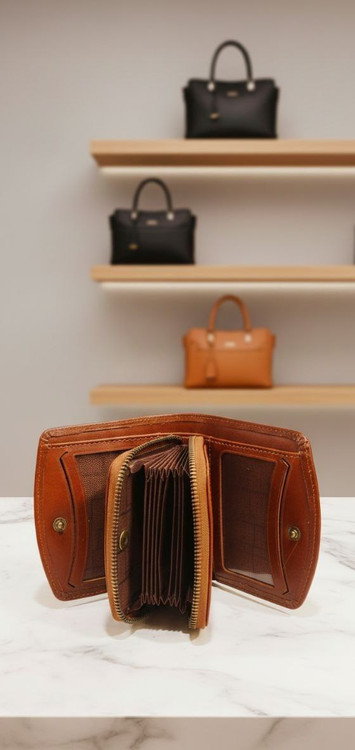 کیف پول چرمی زنانه عسلی اکاردئونی برند دایان چرم