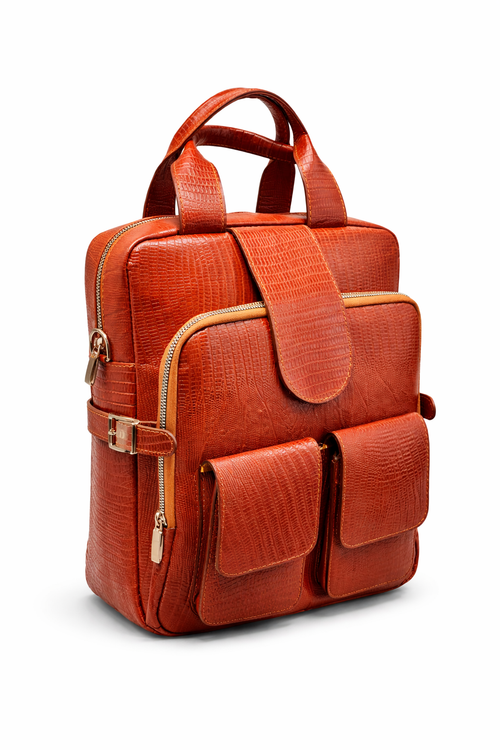 کیف سه کاره چرمی طرح لیزارد عسلی مناسب لپ تاپ و استفاده روزمره